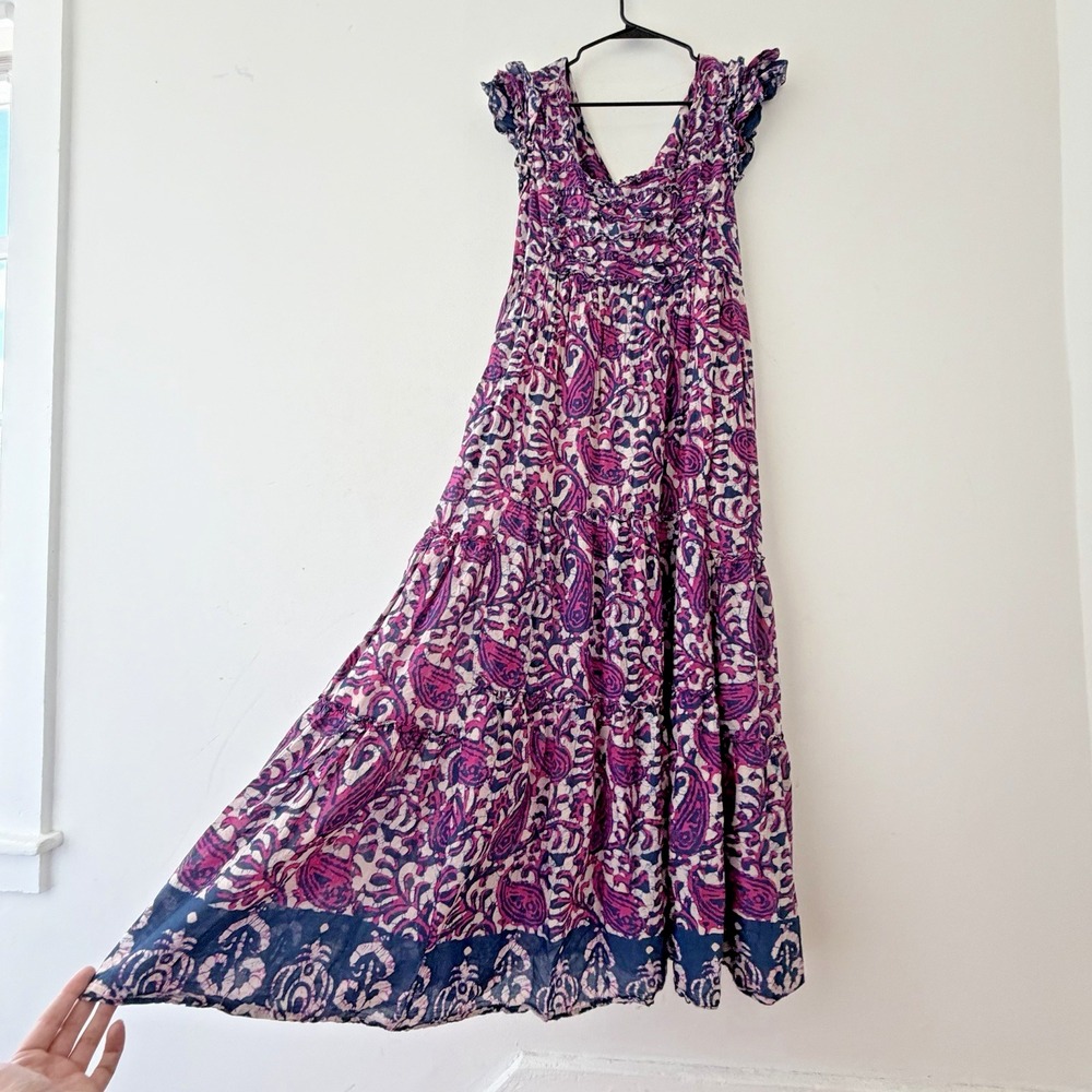 House of Harlow 1960 Maxi Dress L Cotton Paisley Boho Tiered Festival Pink Blue